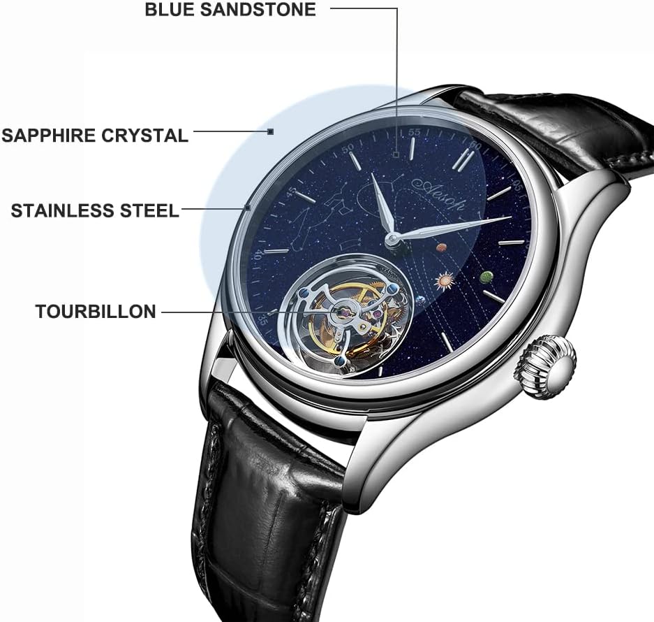 AESOP Tourbillon Watches for Men Mechanical Hand Wind Wristwatches Blue Sandstone Dial Stainless Steel Sapphire Crystal Waterproof Business Luxury Dress Watch 7025