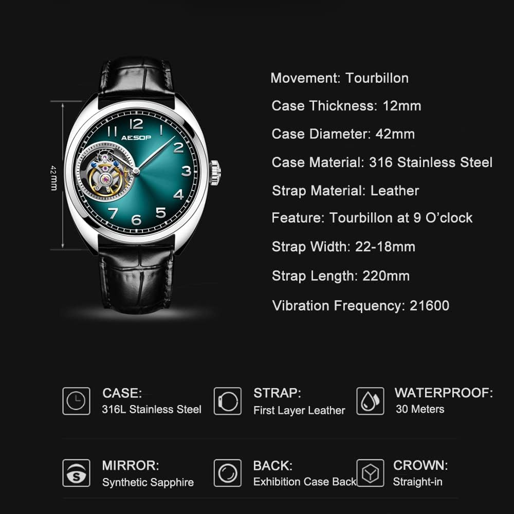 AESOP Tourbillon Men Watches Skeleton Mechanical Hand Wind Analog Men Wristwatches Stainless Steel Sapphire Crystal Mirror Waterproof Business Luxury Watch with Leather Strap 7056
