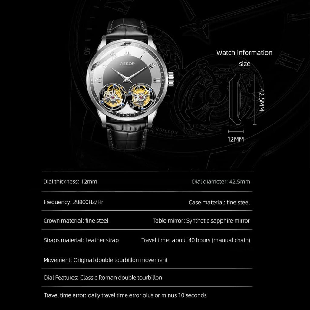 AESOP Double Tourbillon Watches Men Mechanical Hand Wind Wristwatches Stainless Steel Sapphire Crystal Waterproof Luxury Business Watch for Men 7026
