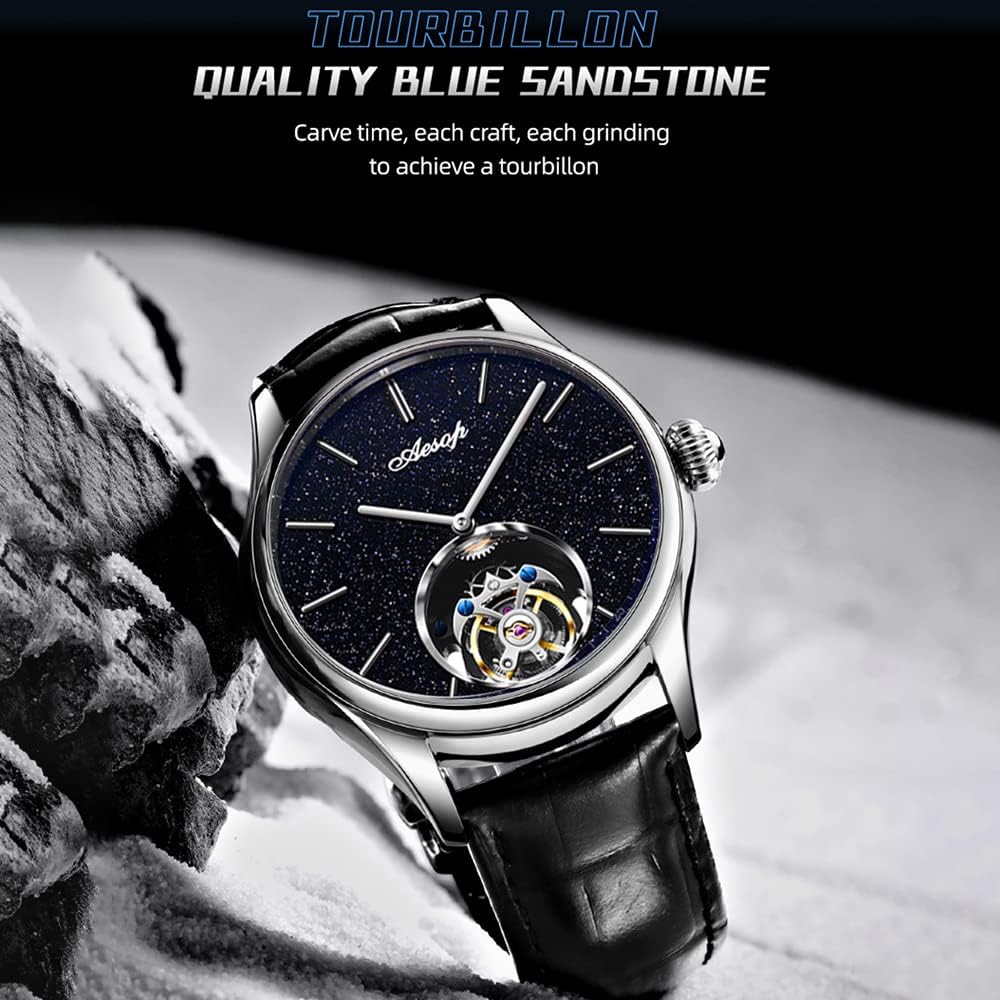 AESOP Classic Tourbillon Men Watch Sand Stone Dial Mechanical Tourbillon Movement Manual Analog Wristwatches Sapphire Waterproof Dress Business Watch for Men with Leather Strap 7050
