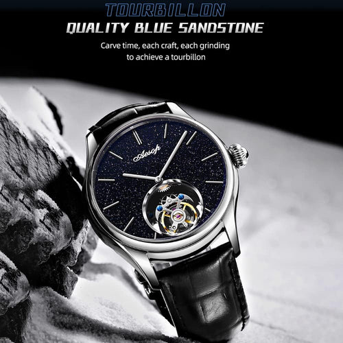 AESOP Classic Tourbillon Men Watch Sand Stone Dial Mechanical Tourbillon Movement Manual Analog Wristwatches Sapphire Waterproof Dress Business Watch for Men with Leather Strap 7050