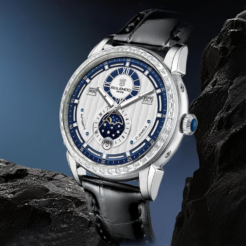 Mens Automatic Watch with Triple Calendar (Day-Date-Month), 24H Display & Day/Night Indicator, Mineral Glass, Leather Strap, 43mm Stainless Steel Dress Watch, Bue Luxury Mechanical Timepiece for Business & Casual
