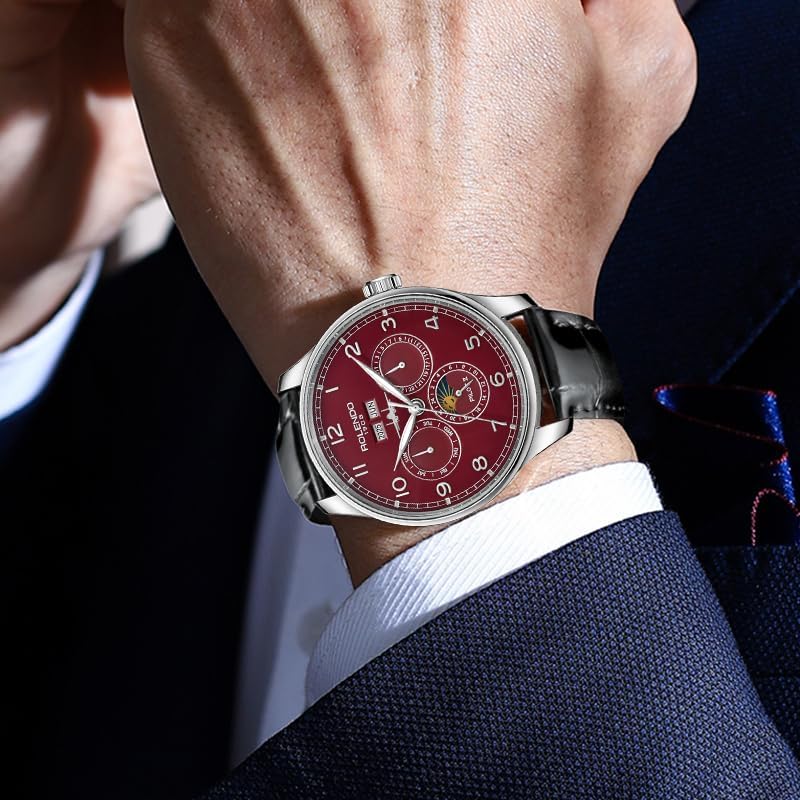 Mens Automatic Watch, Portuguese-Style Pilot Watch with Annual Calendar(Date-Day-Month-Year), 43mm Stainless Steel Case, Calfskin Strap, Luminous Hands, Luxury Mechanical Dress Watch for Men