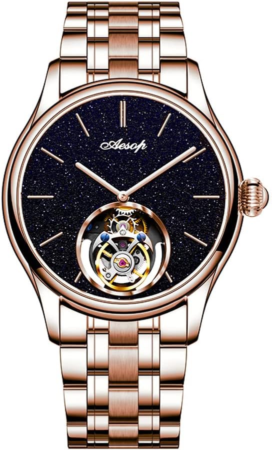 AESOP Classic Tourbillon Men Watch Sand Stone Dial Mechanical Tourbillon Movement Manual Analog Wristwatches Sapphire Waterproof Dress Business Watch for Men with Leather Strap 7050
