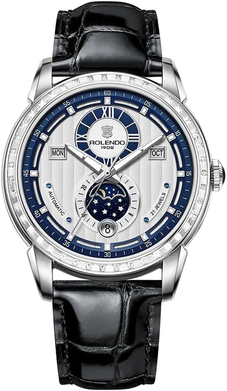 Mens Automatic Watch with Triple Calendar (Day-Date-Month), 24H Display & Day/Night Indicator, Mineral Glass, Leather Strap, 43mm Stainless Steel Dress Watch, Bue Luxury Mechanical Timepiece for Business & Casual