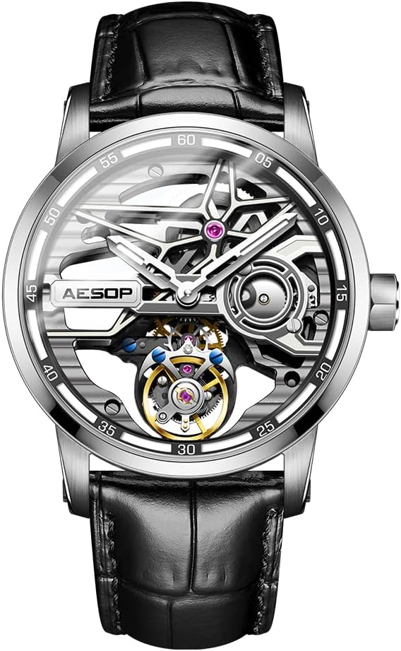 AESOP Skeleton Tourbillon Men Watches Hollow Skeleton Dial Mechanical Hand Wind Analog Men Wristwatches Super Luminous Sapphire Crystal Mirror Waterproof Business Luxury Watch 7053