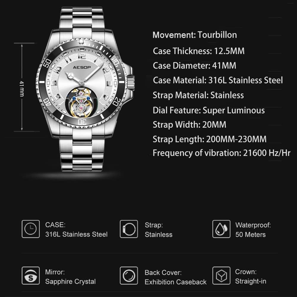 AESOP Tourbillon Men Watch Unidirectional Rotating Bezel Mechanical Hand Wind Wristwatches Analog Luminous Sapphire Stainless Business Luxury Watch for Men 7065