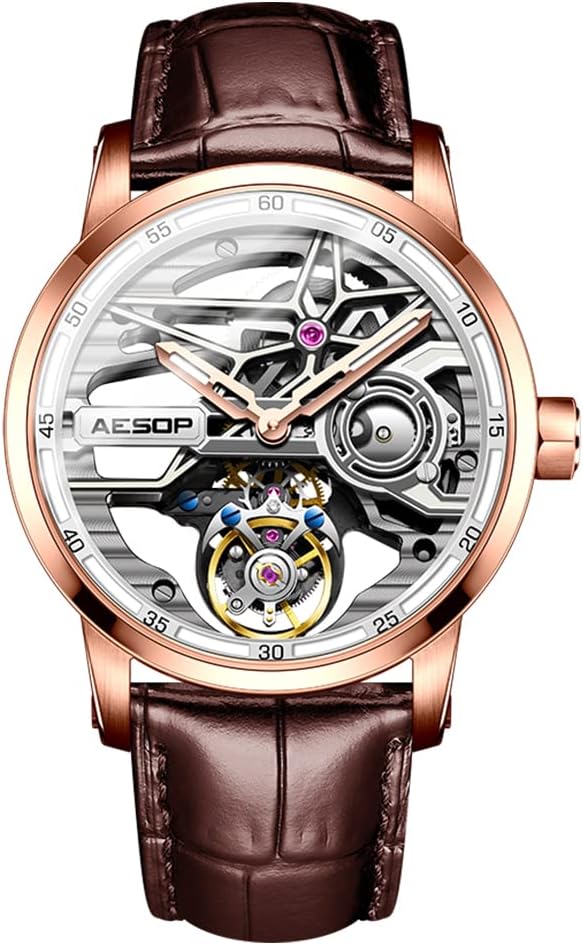 AESOP Skeleton Tourbillon Men Watches Hollow Skeleton Dial Mechanical Hand Wind Analog Men Wristwatches Super Luminous Sapphire Crystal Mirror Waterproof Business Luxury Watch 7053