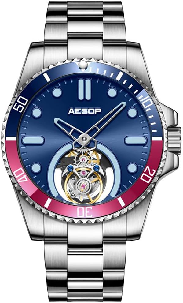 AESOP Tourbillon Men Watch Unidirectional Rotating Bezel Mechanical Hand Wind Wristwatches Analog Luminous Sapphire Stainless Business Luxury Watch for Men 7060