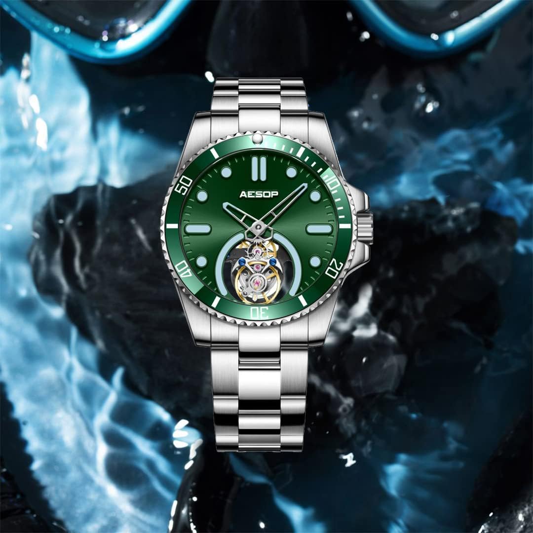 AESOP Tourbillon Men Watch Unidirectional Rotating Bezel Mechanical Hand Wind Wristwatches Analog Luminous Sapphire Stainless Business Luxury Watch for Men 7060