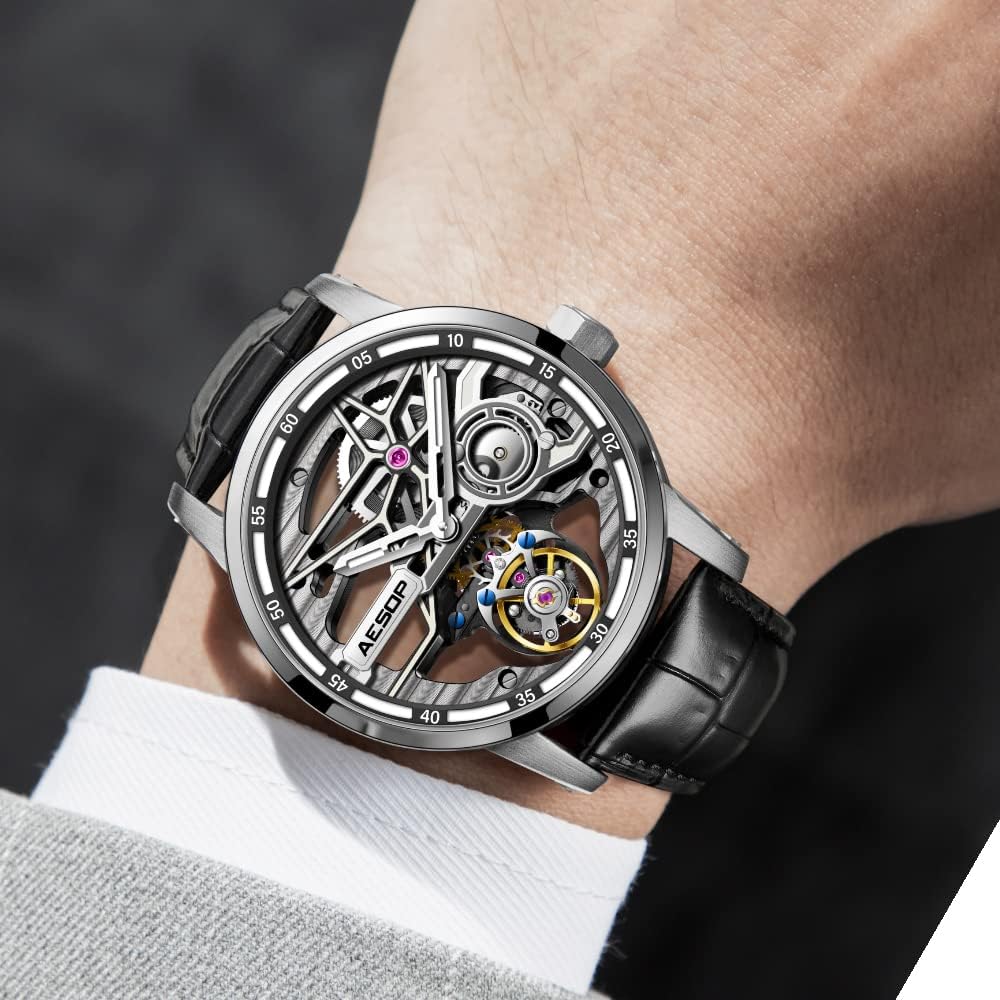 AESOP Skeleton Tourbillon Men Watches Hollow Skeleton Dial Mechanical Hand Wind Analog Men Wristwatches Super Luminous Sapphire Crystal Mirror Waterproof Business Luxury Watch 7053