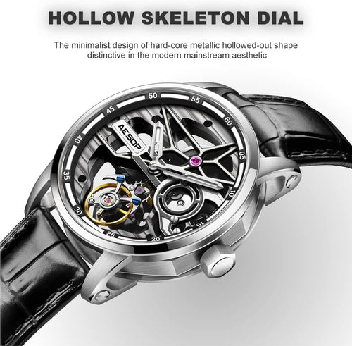 AESOP Skeleton Tourbillon Men Watches Hollow Skeleton Dial Mechanical Hand Wind Analog Men Wristwatches Super Luminous Sapphire Crystal Mirror Waterproof Business Luxury Watch 7053