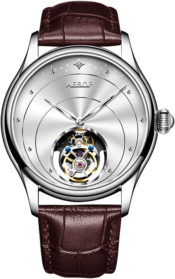 AESOP Tourbillon Watches for Men Mechanical Hand Wind Wrist Watches Skeleton Stainless Steel Sapphire Crystal 30M Waterproof Classic Dress Luxury Business Watch Black Blue White Dial 7048