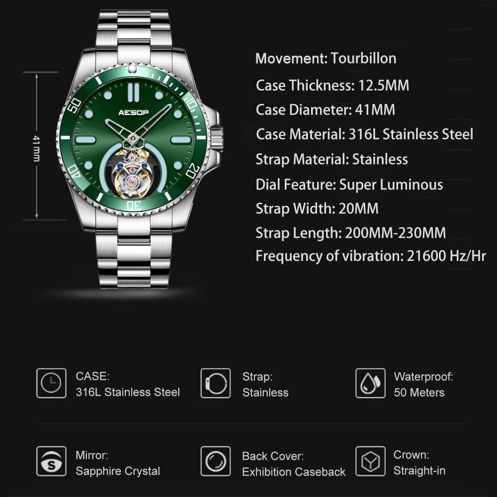AESOP Tourbillon Men Watch Unidirectional Rotating Bezel Mechanical Hand Wind Wristwatches Analog Luminous Sapphire Stainless Business Luxury Watch for Men 7060