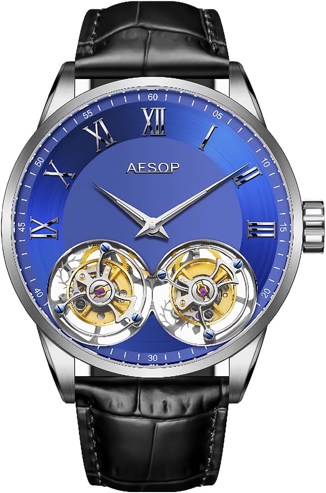 AESOP Double Tourbillon Watches Men Mechanical Hand Wind Wristwatches Stainless Steel Sapphire Crystal Waterproof Luxury Business Watch for Men 7026