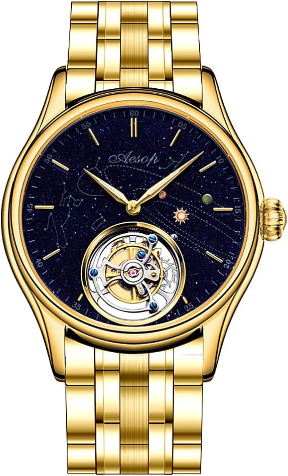 AESOP Tourbillon Watches for Men Mechanical Hand Wind Wristwatches Blue Sandstone Dial Stainless Steel Sapphire Crystal Waterproof Business Luxury Dress Watch 7025