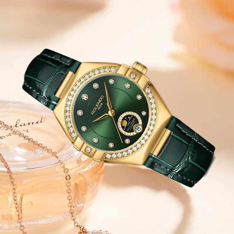 Green Watches for Women 33mm, Diamond Automatic Watch with Date-Day Display,Green Dial,Italian Calfskin Leather Strap, Mineral Crystal, Self Winding Ladies Watch for Dress,Luxury Gift for Women SL1500