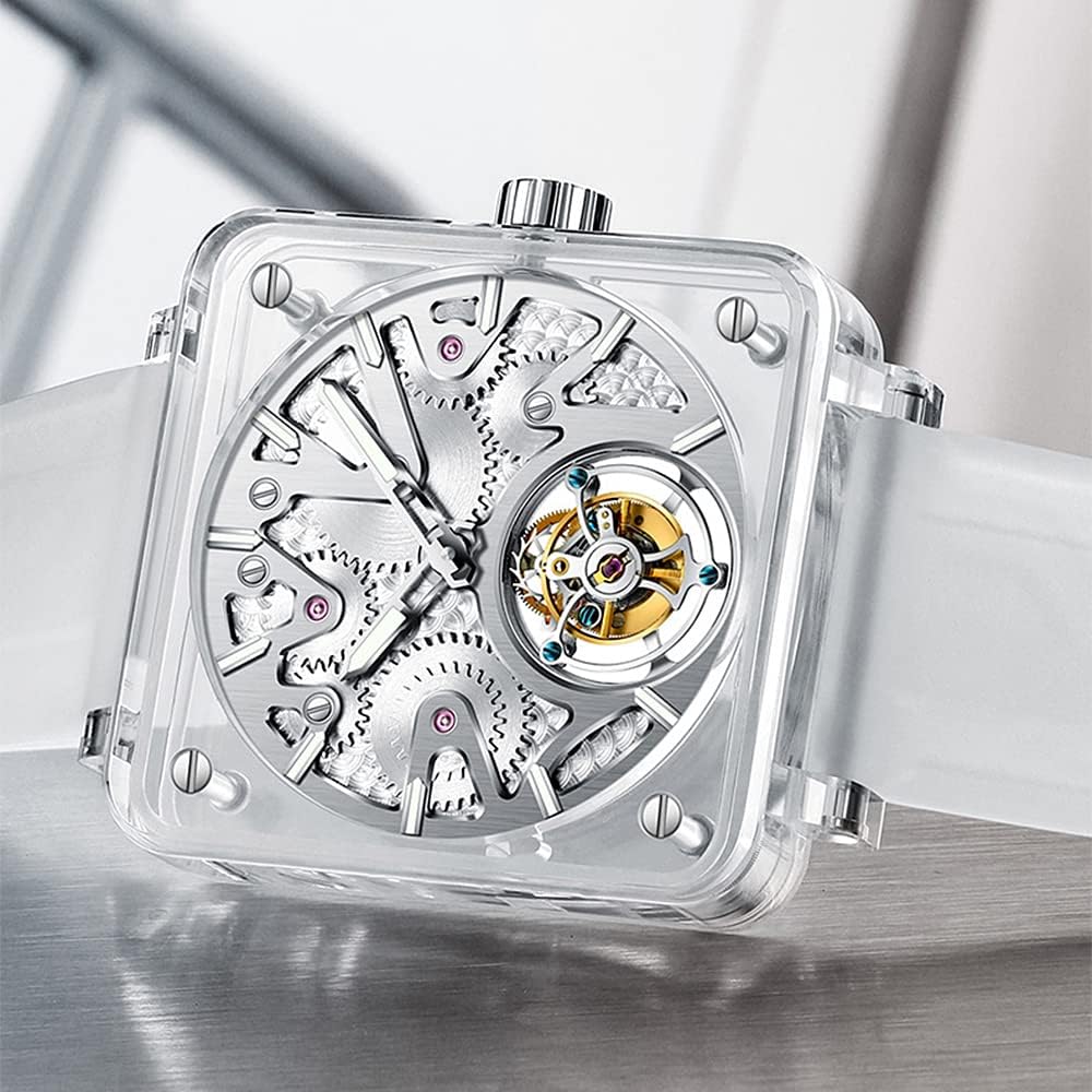 AESOP Transparent Tourbillon Men Watches Real Tourbillon Movement Mechanical Hand Wind Wristwatches Square Synthetic Crystal Case Sapphire Mirror Waterproof Luminous Business Luxury Watch 7037