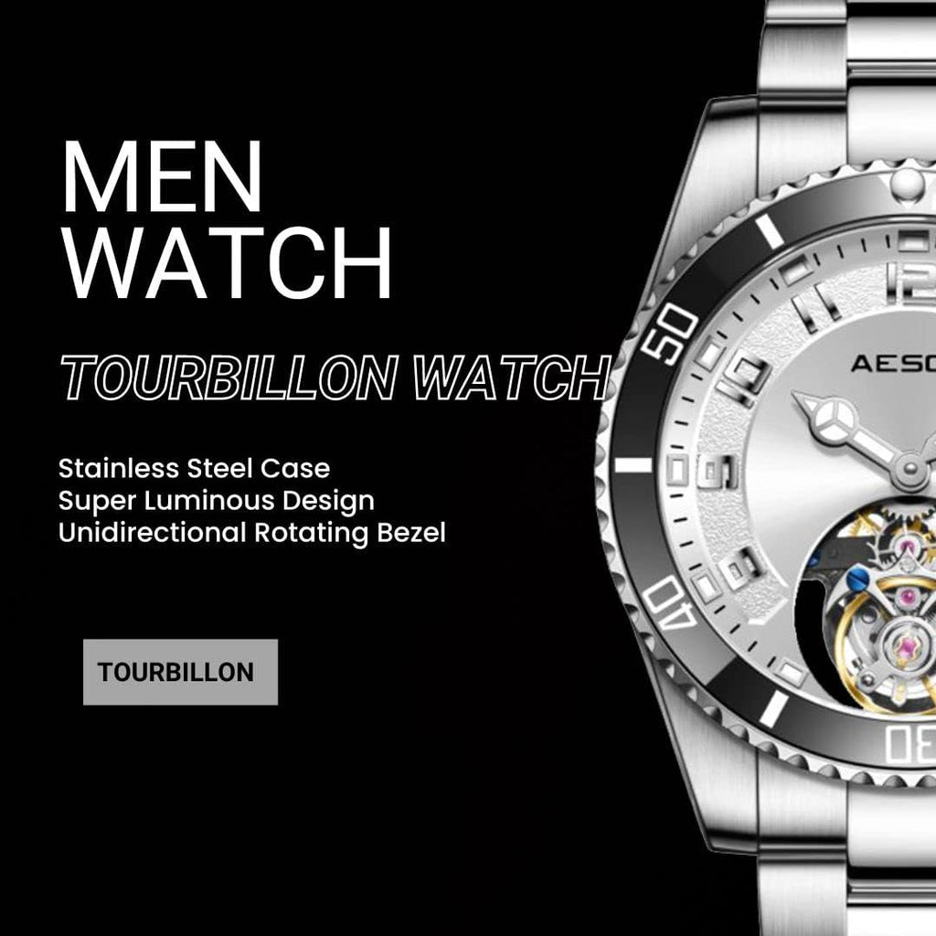 AESOP Tourbillon Men Watch Unidirectional Rotating Bezel Mechanical Hand Wind Wristwatches Analog Luminous Sapphire Stainless Business Luxury Watch for Men 7065