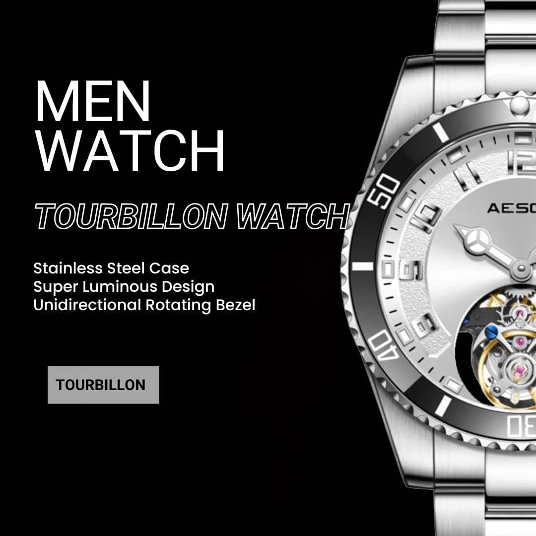 AESOP Tourbillon Men Watch Unidirectional Rotating Bezel Mechanical Hand Wind Wristwatches Analog Luminous Sapphire Stainless Business Luxury Watch for Men 7065