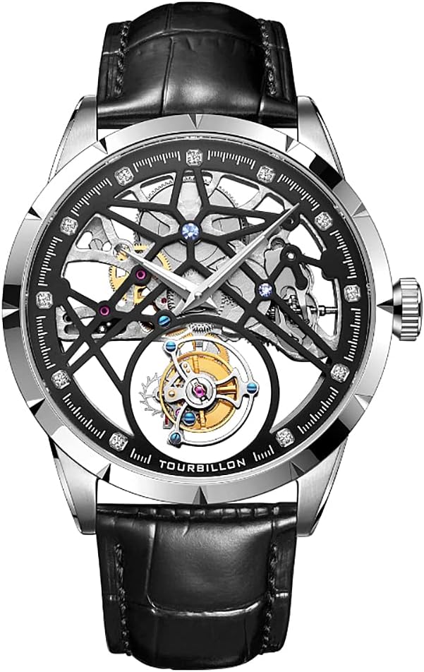 AESOP Hollow Skeleton Tourbillon Men Watches Mechanical Hand Wind Men Wristwatches Stainless Steel Sapphire Crystal Mirror Waterproof Business Luxury Watch with Leather Strap 7018