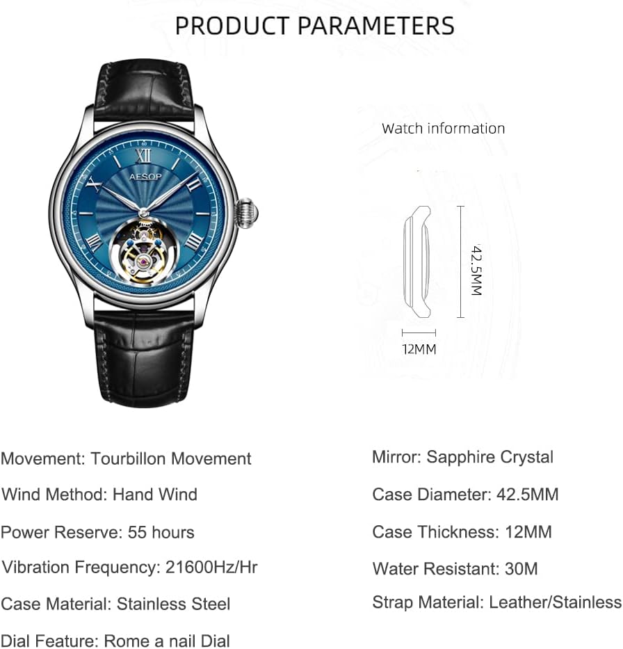 AESOP Mechanical Tourbillon Watches for Men Real Tourbillon Movement Mechanical Hand Wind Wrist Watch Analog Stainless Steel Sapphire Crystal Waterproof Business Luxury Watch 7041