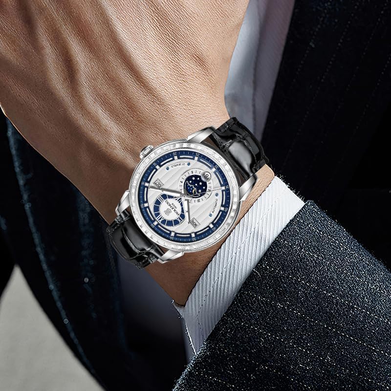 Mens Automatic Watch with Triple Calendar (Day-Date-Month), 24H Display & Day/Night Indicator, Mineral Glass, Leather Strap, 43mm Stainless Steel Dress Watch, Bue Luxury Mechanical Timepiece for Business & Casual