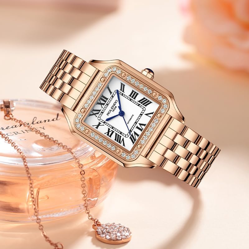 Luxury Square Womens Watch, Automatic Self Wind Movement, 33mm Ladies Watch Elegant, Rosegold Bracelet, Roman Numerals, Sapphire Crystal, Diamond Analog Wrist Watches for Work Dress, Gift for Her,