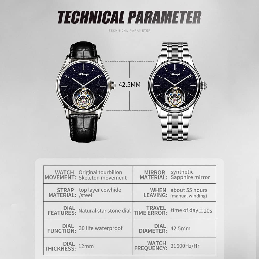 AESOP Classic Tourbillon Men Watch Sand Stone Dial Mechanical Tourbillon Movement Manual Analog Wristwatches Sapphire Waterproof Dress Business Watch for Men with Leather Strap 7050
