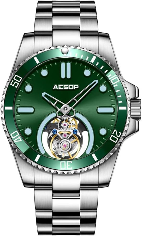AESOP Tourbillon Men Watch Unidirectional Rotating Bezel Mechanical Hand Wind Wristwatches Analog Luminous Sapphire Stainless Business Luxury Watch for Men 7060