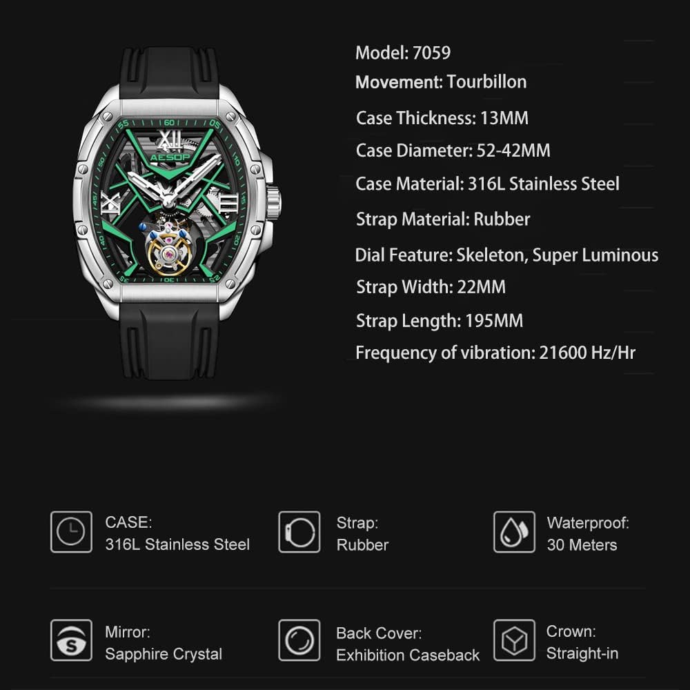 AESOP Tonneau Men Tourbillon Watches Skeleton Luminous Hand Wind Analog Men Wristwatches Sapphire Crystal Waterproof Luxury Business Watch for Men 7059