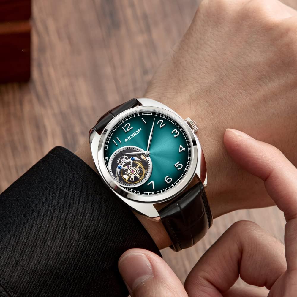 AESOP Tourbillon Men Watches Skeleton Mechanical Hand Wind Analog Men Wristwatches Stainless Steel Sapphire Crystal Mirror Waterproof Business Luxury Watch with Leather Strap 7056