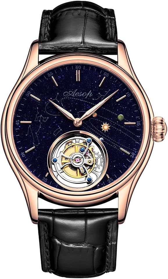 AESOP Tourbillon Watches for Men Mechanical Hand Wind Wristwatches Blue Sandstone Dial Stainless Steel Sapphire Crystal Waterproof Business Luxury Dress Watch 7025