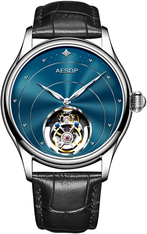 AESOP Tourbillon Watches for Men Mechanical Hand Wind Wrist Watches Skeleton Stainless Steel Sapphire Crystal 30M Waterproof Classic Dress Luxury Business Watch Black Blue White Dial 7048
