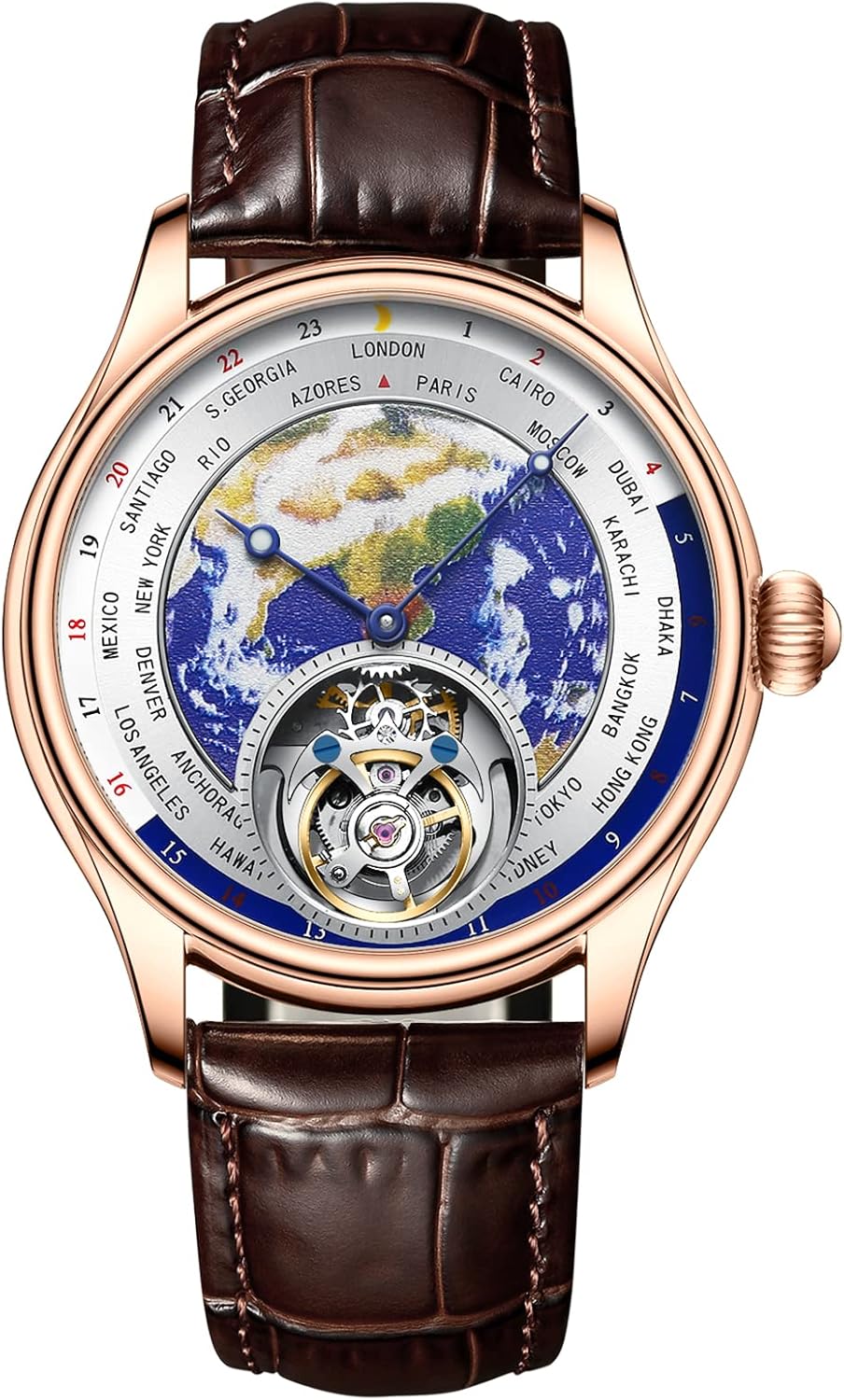 AESOP Tourbillon Mechanical Watches for Men 3D Earth Enamel Dial Hand Wind Analog Wristwatches Stainless Steel Sapphire Waterproof Luminous Dress Business Men Watch with Leather Strap E01