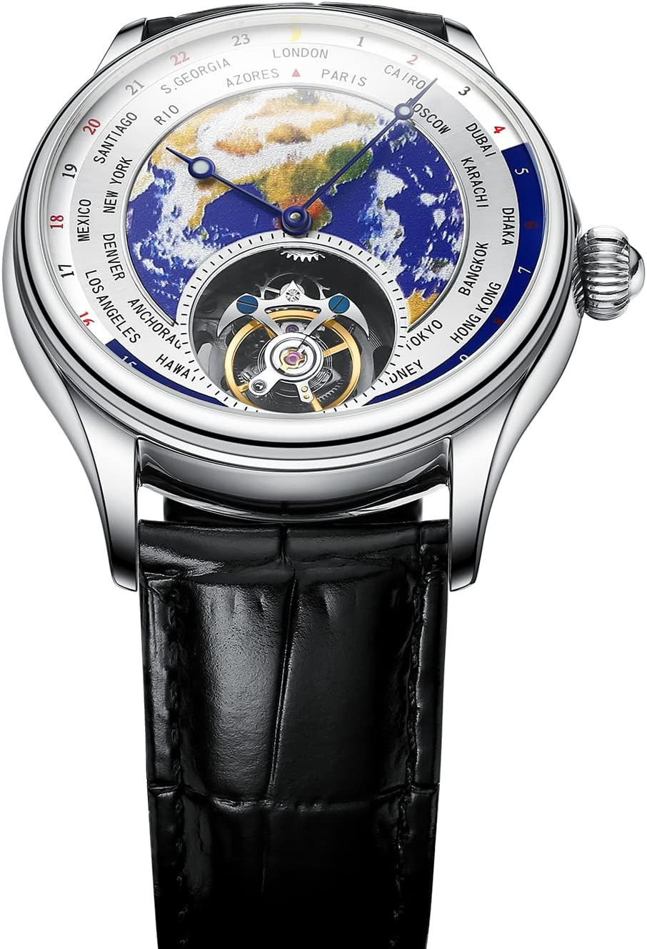 AESOP Tourbillon Mechanical Watches for Men 3D Earth Enamel Dial Hand Wind Analog Wristwatches Stainless Steel Sapphire Waterproof Luminous Dress Business Men Watch with Leather Strap E01