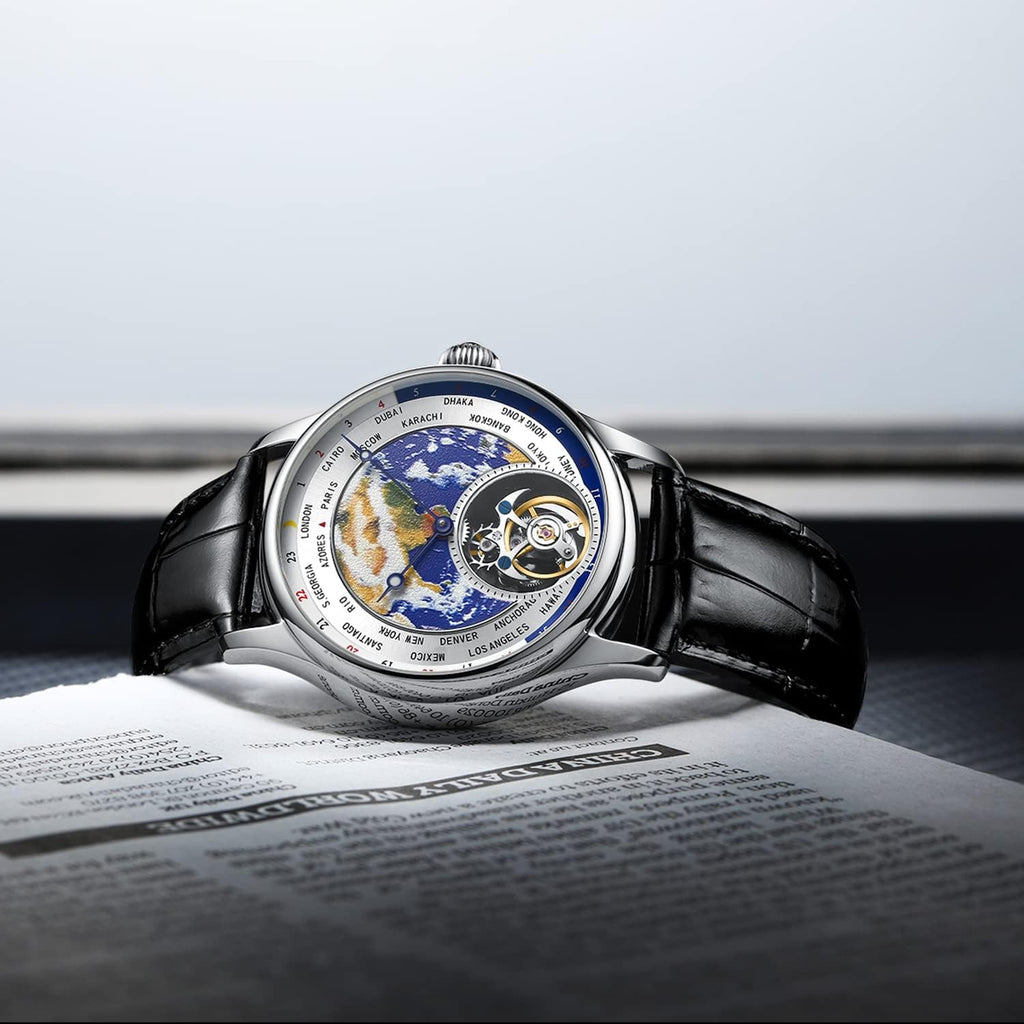 AESOP Tourbillon Mechanical Watches for Men 3D Earth Enamel Dial Hand Wind Analog Wristwatches Stainless Steel Sapphire Waterproof Luminous Dress Business Men Watch with Leather Strap E01