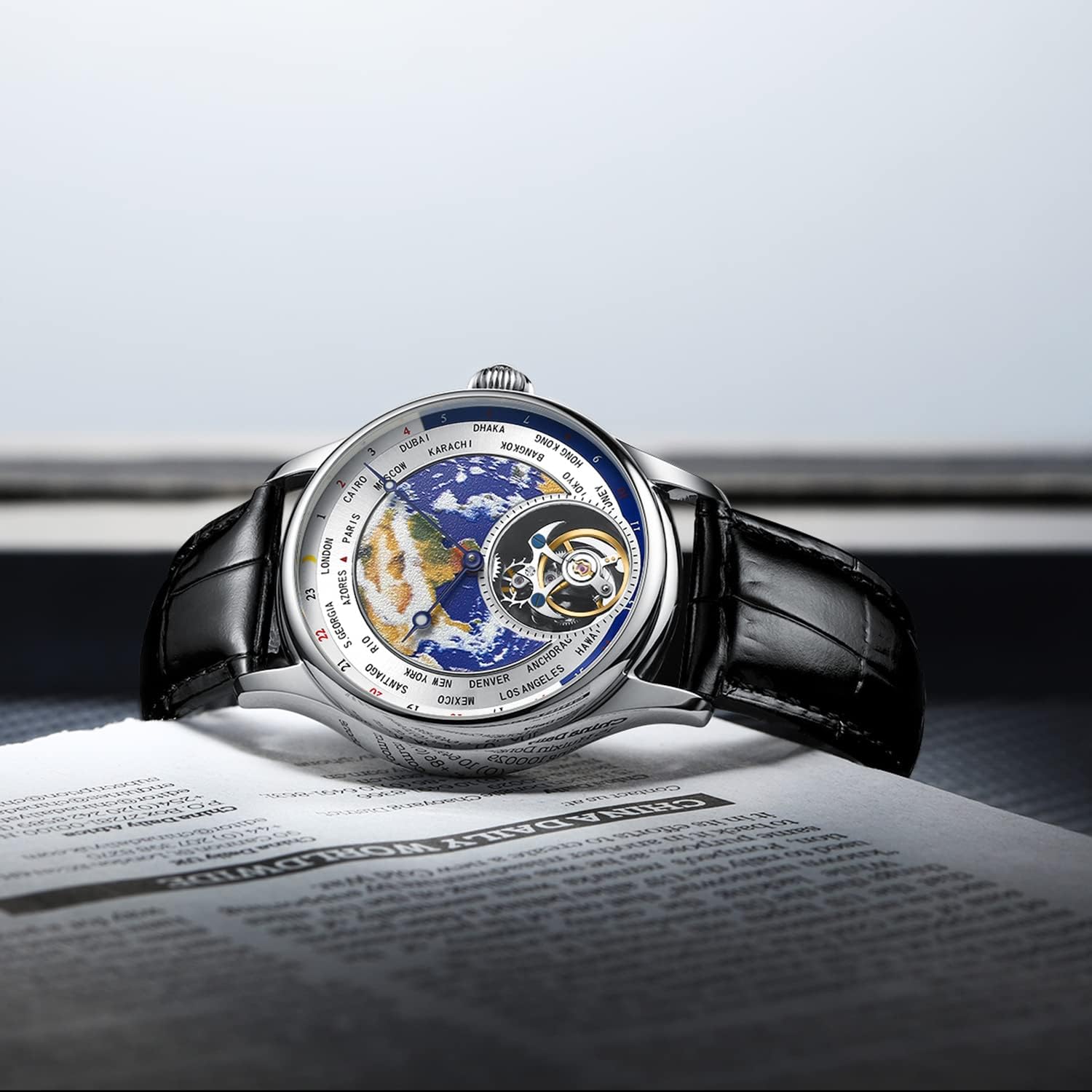 AESOP Tourbillon Mechanical Watches for Men 3D Earth Enamel Dial Hand Wind Analog Wristwatches Stainless Steel Sapphire Waterproof Luminous Dress Business Men Watch with Leather Strap E01