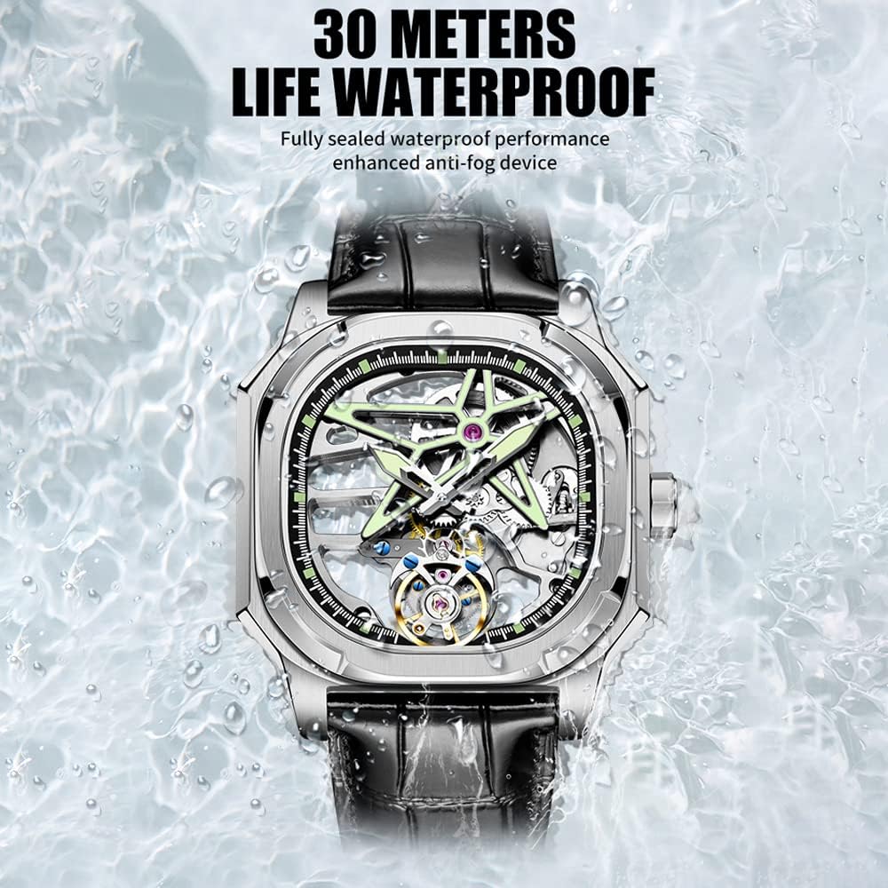 AESOP Skeleton Real Tourbillon Mechanical Mens Watches Hollow Dial Hand Wind Analog Wristwatches Sapphire Crystal Super Luminous Waterproof Fashion Luxury Watch for Men 7052