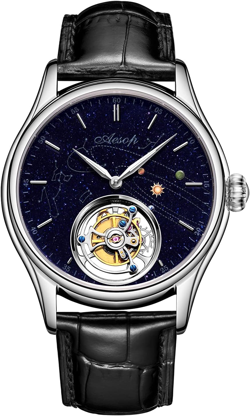 AESOP Tourbillon Watches for Men Mechanical Hand Wind Wristwatches Blue Sandstone Dial Stainless Steel Sapphire Crystal Waterproof Business Luxury Dress Watch 7025