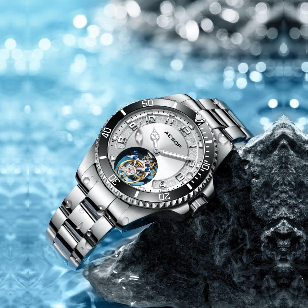 AESOP Tourbillon Men Watch Unidirectional Rotating Bezel Mechanical Hand Wind Wristwatches Analog Luminous Sapphire Stainless Business Luxury Watch for Men 7065