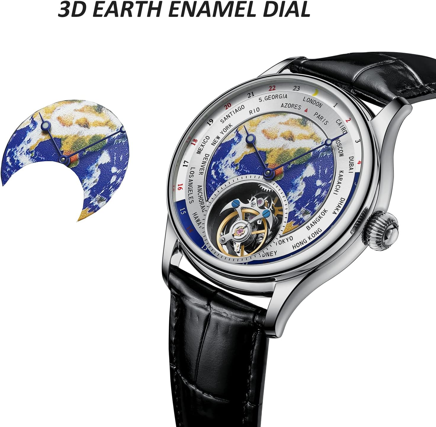 AESOP Tourbillon Mechanical Watches for Men 3D Earth Enamel Dial Hand Wind Analog Wristwatches Stainless Steel Sapphire Waterproof Luminous Dress Business Men Watch with Leather Strap E01