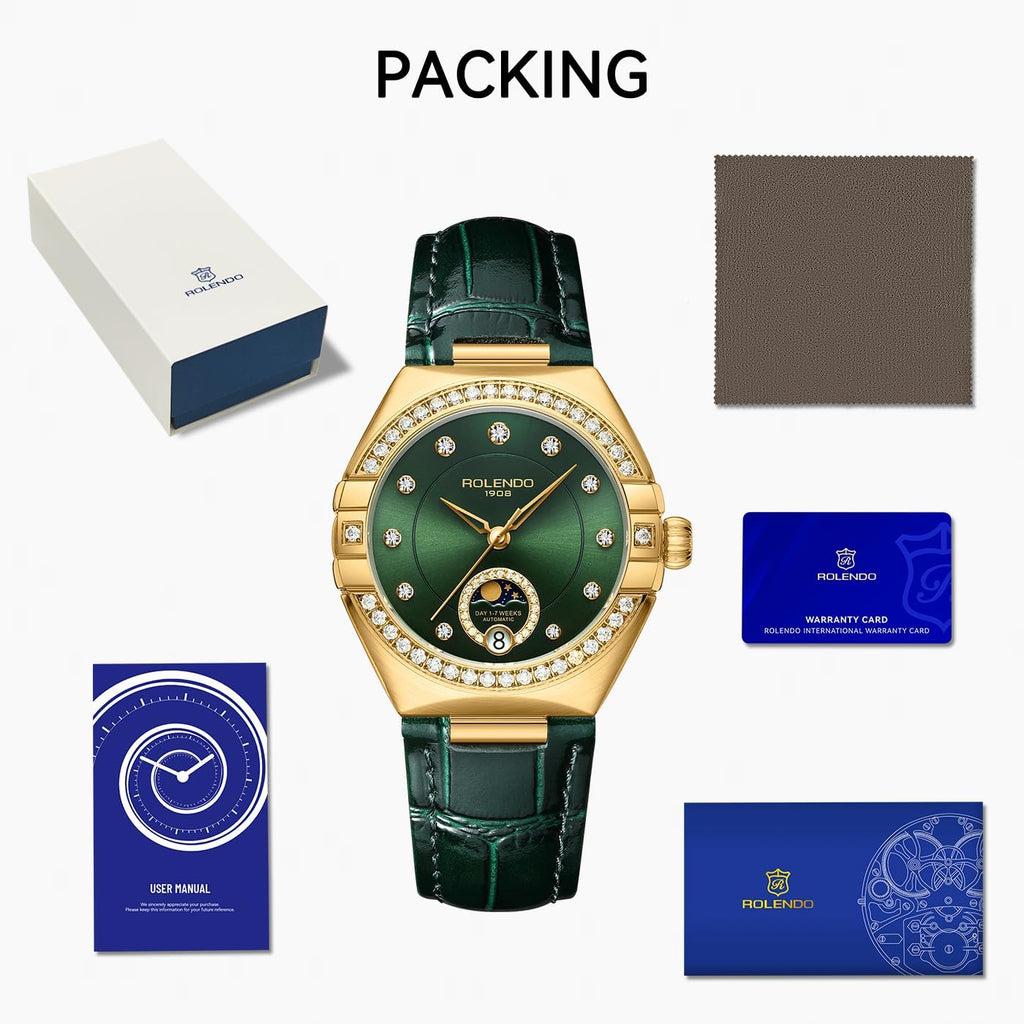 Green Watches for Women 33mm, Diamond Automatic Watch with Date-Day Display,Green Dial,Italian Calfskin Leather Strap, Mineral Crystal, Self Winding Ladies Watch for Dress,Luxury Gift for Women SL1500