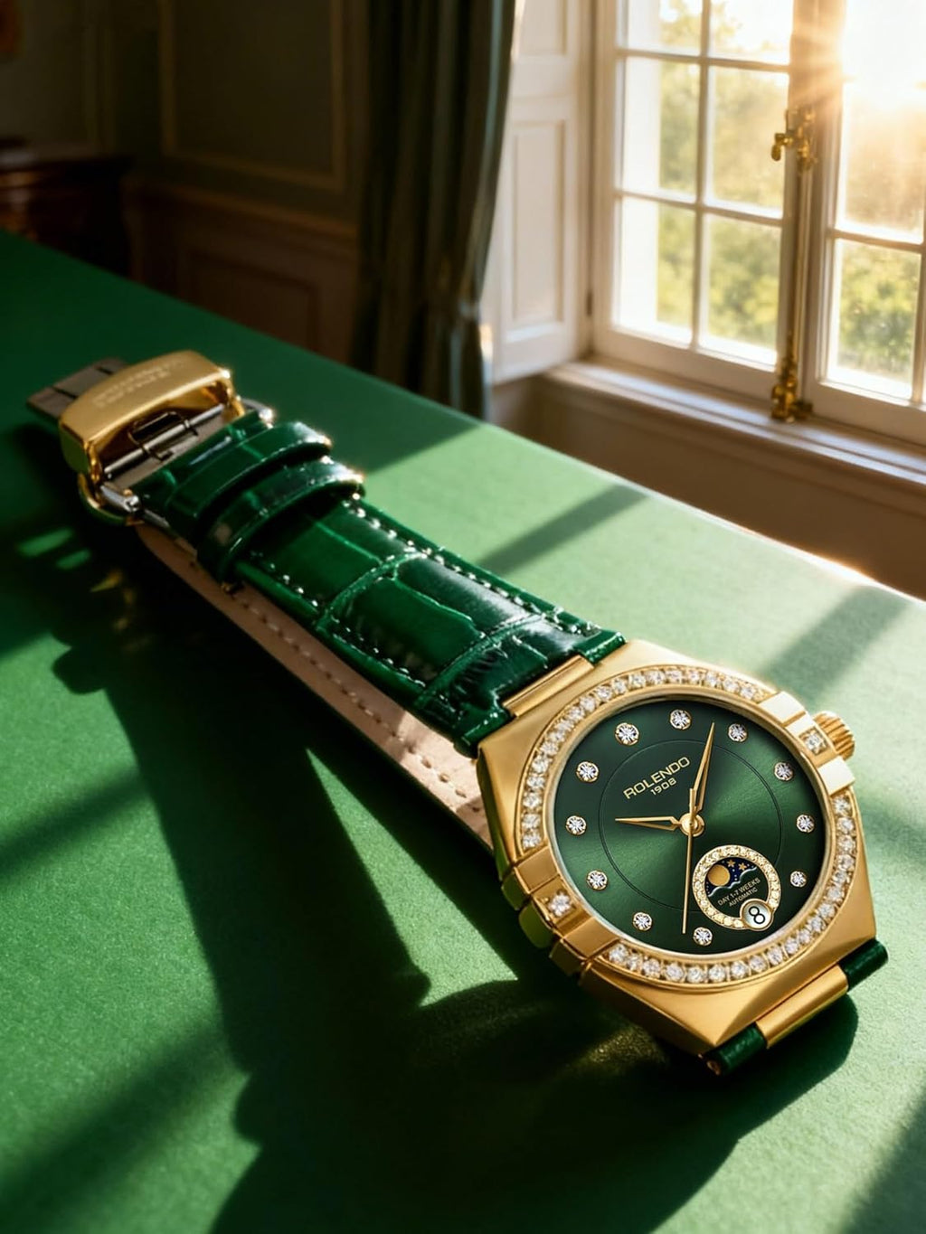 Green Watches for Women 33mm, Diamond Automatic Watch with Date-Day Display,Green Dial,Italian Calfskin Leather Strap, Mineral Crystal, Self Winding Ladies Watch for Dress,Luxury Gift for Women SL1500