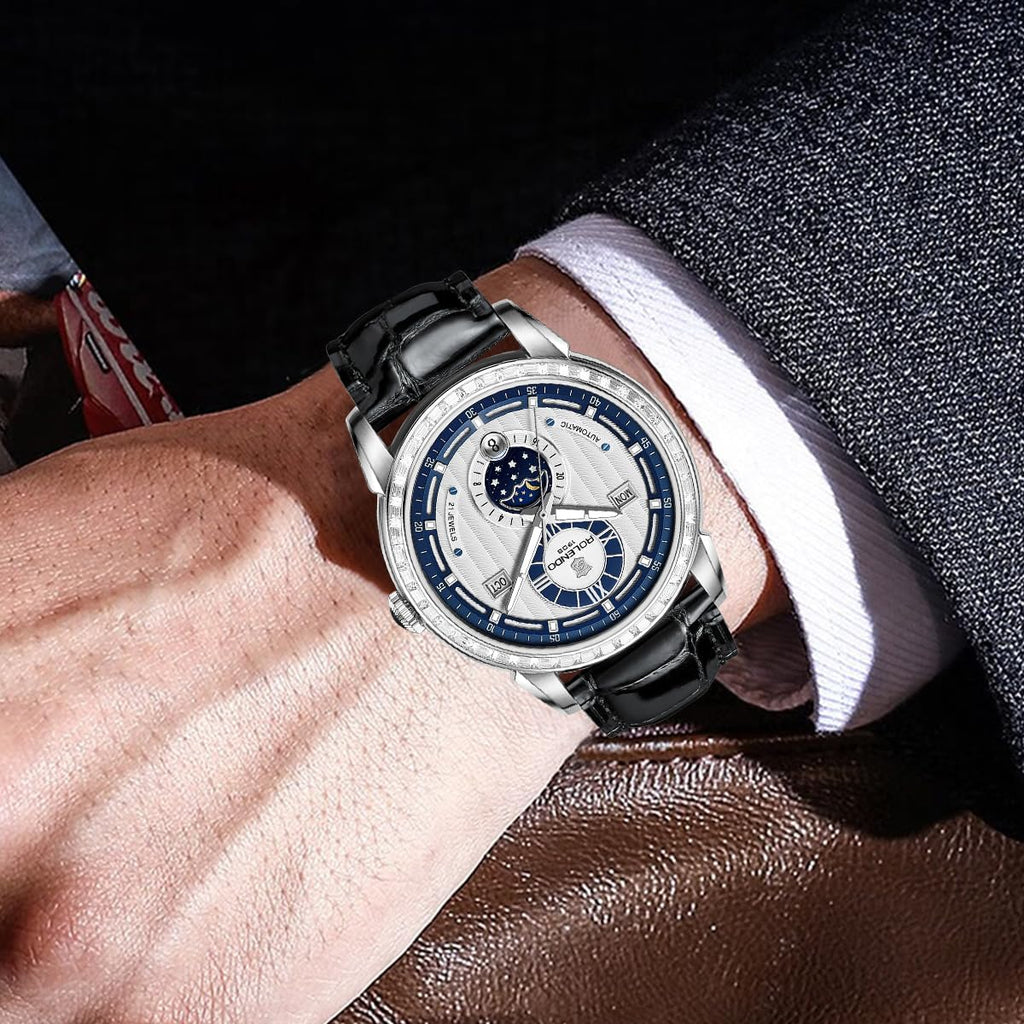 Mens Automatic Watch with Triple Calendar (Day-Date-Month), 24H Display & Day/Night Indicator, Mineral Glass, Leather Strap, 43mm Stainless Steel Dress Watch, Bue Luxury Mechanical Timepiece for Business & Casual