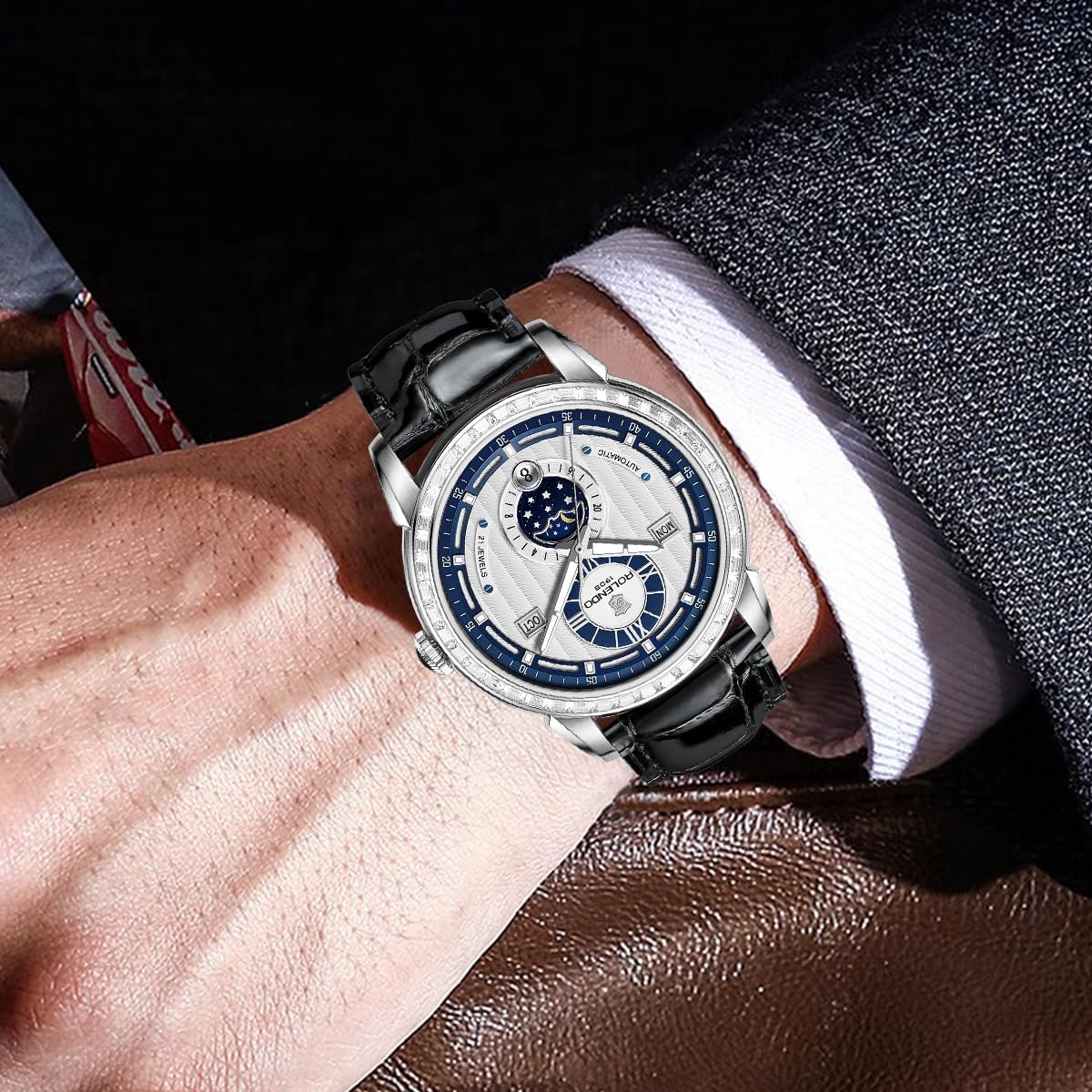 Mens Automatic Watch with Triple Calendar (Day-Date-Month), 24H Display & Day/Night Indicator, Mineral Glass, Leather Strap, 43mm Stainless Steel Dress Watch, Bue Luxury Mechanical Timepiece for Business & Casual