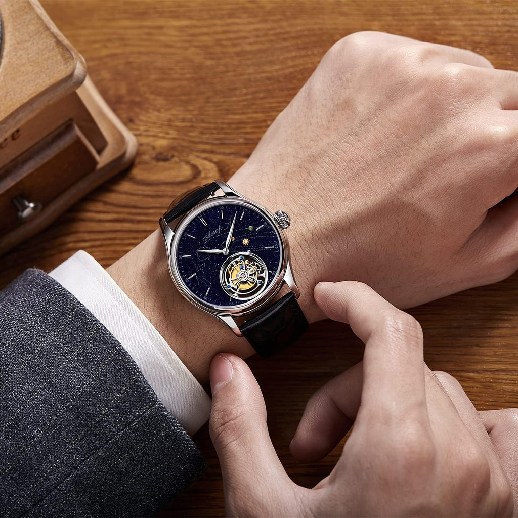 AESOP Tourbillon Watches for Men Mechanical Hand Wind Wristwatches Blue Sandstone Dial Stainless Steel Sapphire Crystal Waterproof Business Luxury Dress Watch 7025